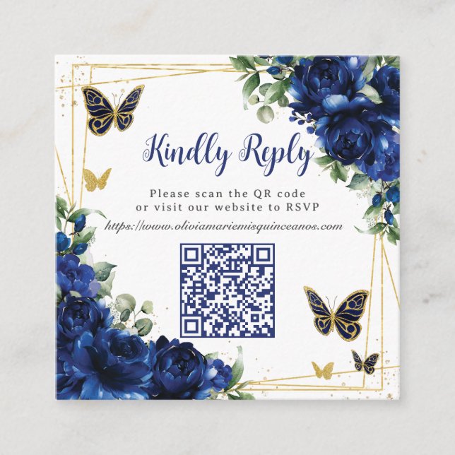 Royal Blue Floral Gold Quinceañera 16 QR Code RSVP Enclosure Card (Front)