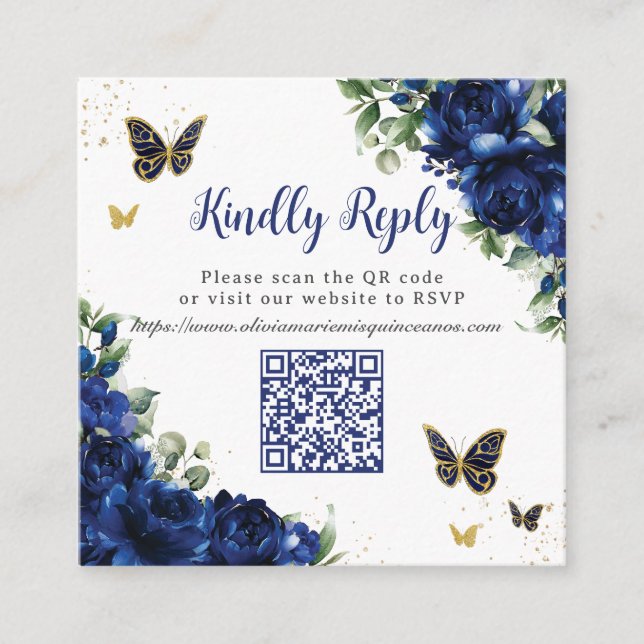 Royal Blue Floral Gold Quinceanera 16 QR Code RSVP Enclosure Card (Front)