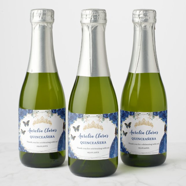 Royal Blue Floral Gold Quinceañera Birthday Sparkling Wine Label (Bottles)