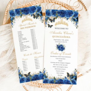 Royal Blue Floral Gold Quinceañera Order of Events Programme