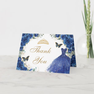 Royal Blue Floral Gold Quinceanera Princess Dress Thank You Card