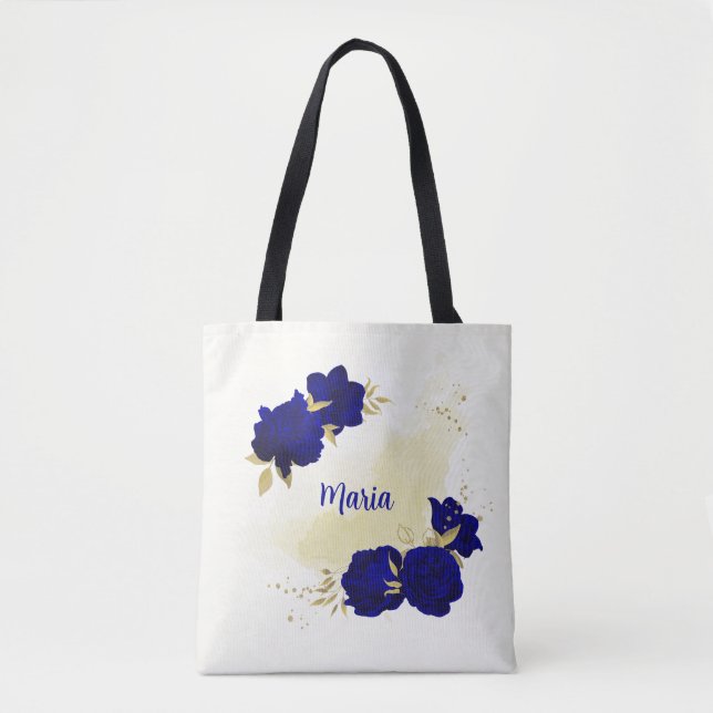 royal blue floral gold tote bag (Front)