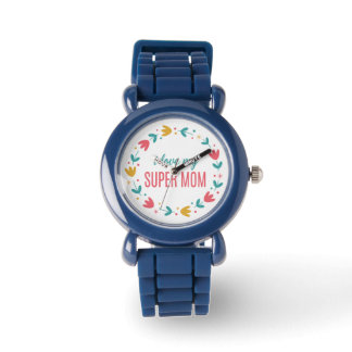 Royal Blue Floral I Love My Super Mom Wrist Watch