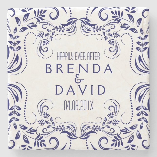 Royal Blue Floral Lace Frame Custom Background Stone Coaster (Front)