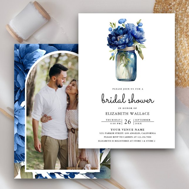 Royal Blue Floral Mason Jar Photo Bridal Shower Invitation (Creator Uploaded)