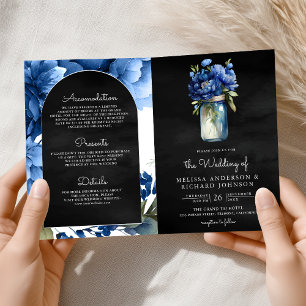 Royal Blue Floral Mason Jar QR Code Black Wedding Invitation