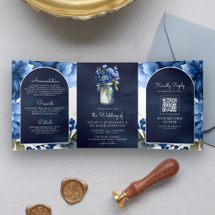 Royal Blue Floral Mason Jar QR Code Navy Wedding Tri-Fold Invitation