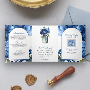 Royal Blue Floral Mason Jar QR Code Wedding Tri-Fold Invitation