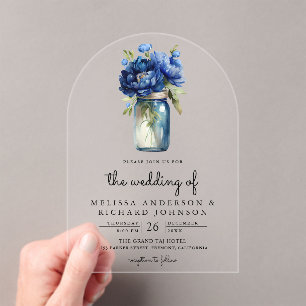 Royal Blue Floral Mason Jar Wedding Acrylic Invitations