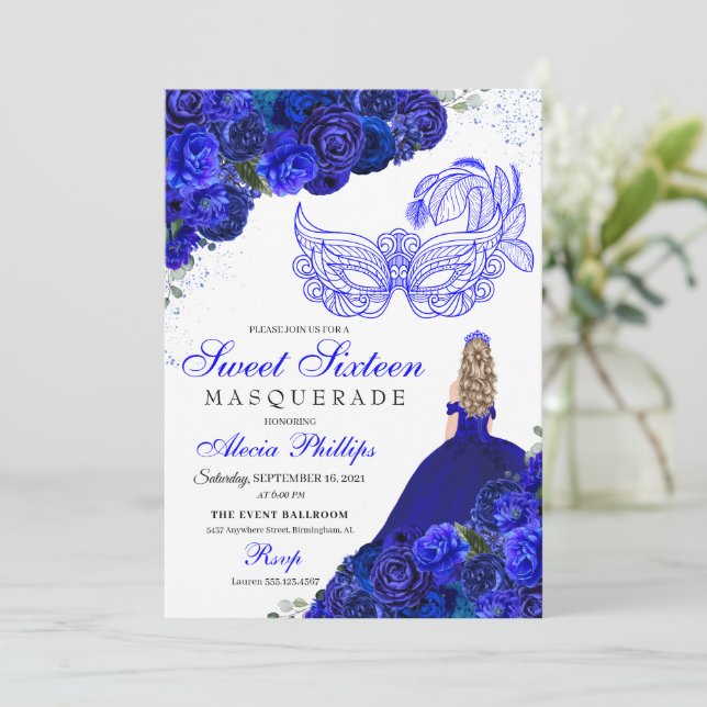 Royal Blue Floral Masquerade Sweet 16 Invitation (Standing Front)