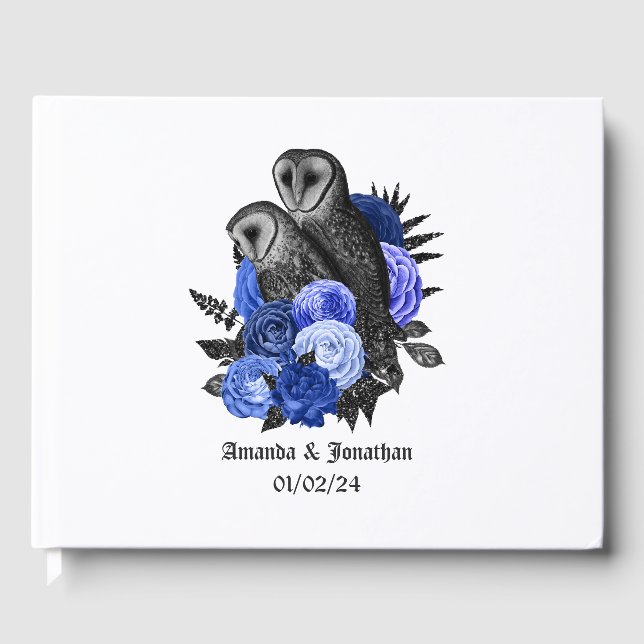 Royal Blue Floral Owls Gothic Wedding Guest Book (Front)