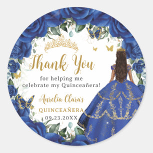 Royal Blue Floral Princess Dress Quinceañera 15 Classic Round Sticker