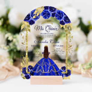 Royal Blue Floral Princess Gold Arch Quinceanera Acrylic Invitations