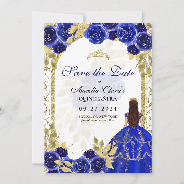 Royal Blue Floral Princess Gold Arch Quinceanera Announcement (Front)