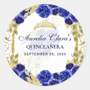 Royal Blue Floral Princess Gold Arch Quinceanera Classic Round Sticker