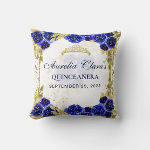 Royal Blue Floral Princess Gold Arch Quinceanera Cushion