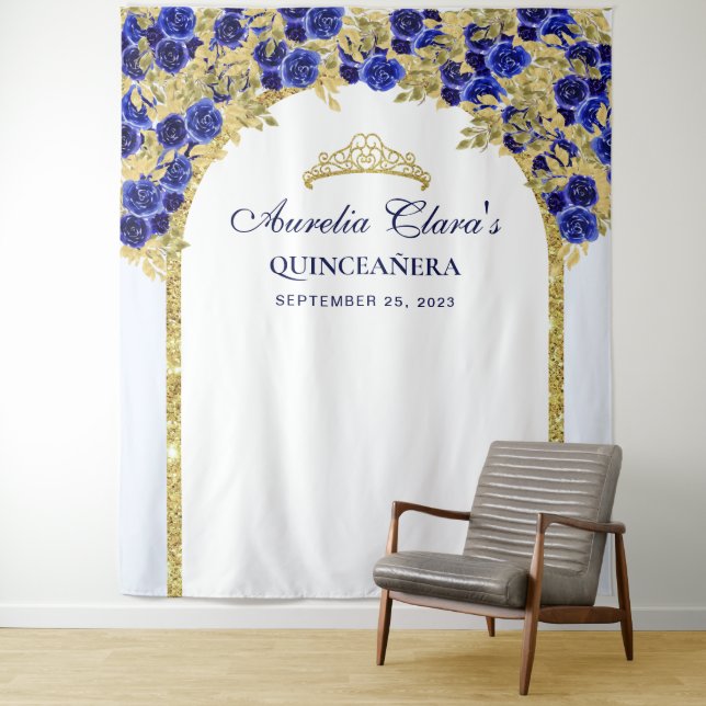 Royal Blue Floral Princess Gold Arch Quinceanera Tapestry (In Situ)