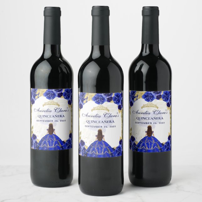Royal Blue Floral Princess Gold Arch Quinceanera Wine Label (Bottles)