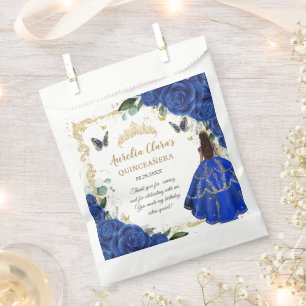 Royal Blue Floral Princess Gold Quinceañera 15 Favour Bags