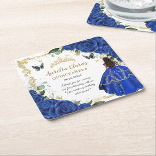 Royal Blue Floral Princess Gold Quinceañera 15 Square Paper Coaster