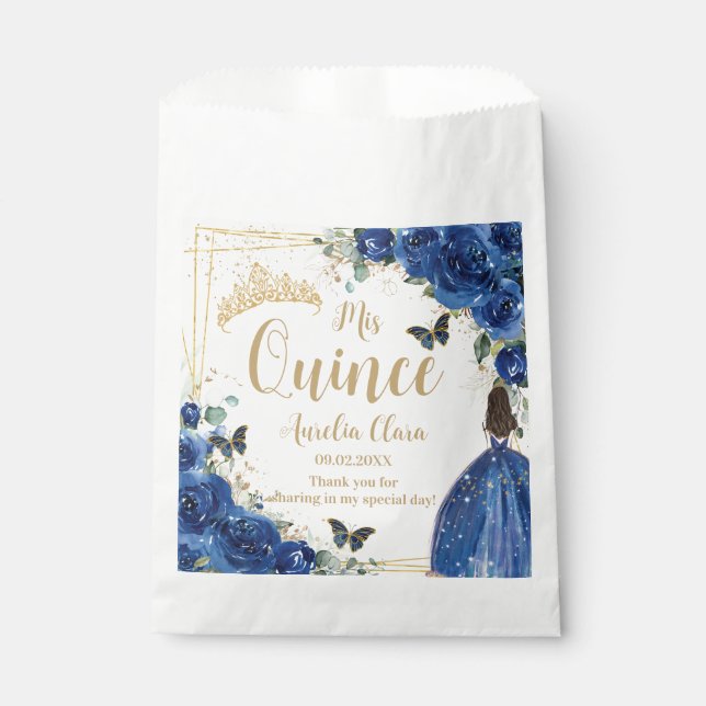 Royal Blue Floral Princess Gold Quinceañera 16 15 Favour Bags (Front)