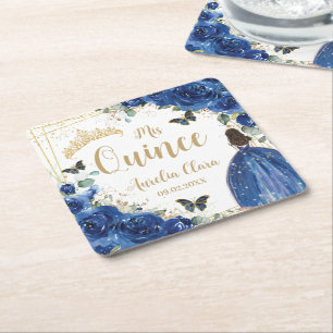 Royal Blue Floral Princess Gold Quinceañera 16 15 Square Paper Coaster