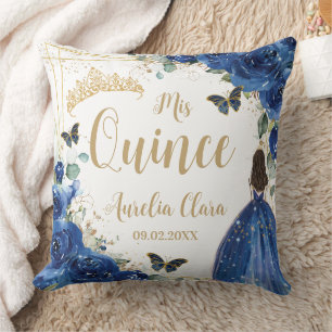 Royal Blue Floral Princess Gold Quinceañera  Cushion