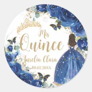 Royal Blue Floral Princess Gold Quinceañera Quince Classic Round Sticker