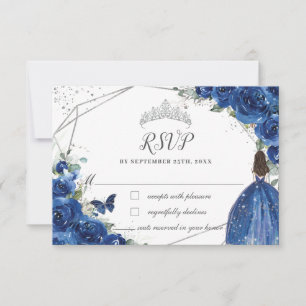 Royal Blue Floral Princess Gown Silver Quinceañera RSVP Card