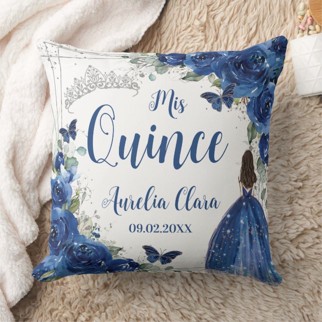 Royal Blue Floral Princess Silver Quinceañera  Cushion (Blanket)