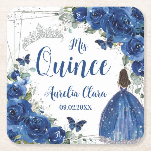 Royal Blue Floral Princess Silver Quinceañera Square Paper Coaster
