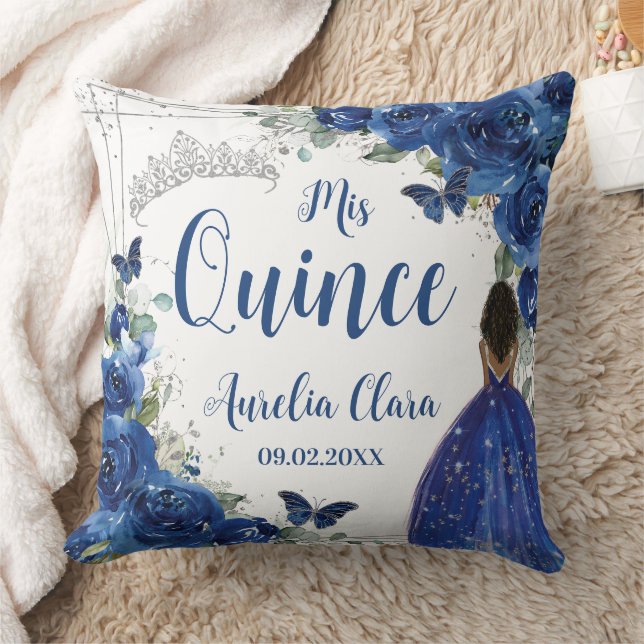 Royal Blue Floral Princess Silver Quinceañera XV Cushion (Blanket)