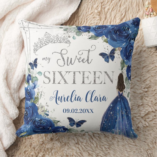 Royal Blue Floral Princess Silver Sweet Sixteen 16 Cushion (Blanket)
