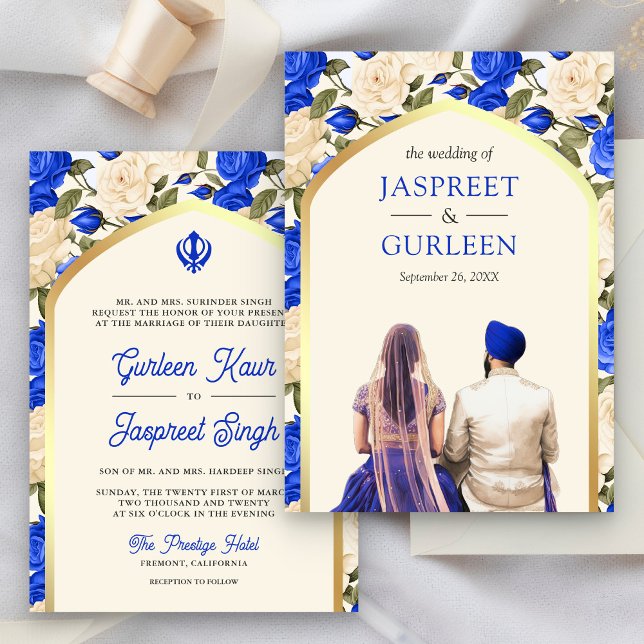 Royal Blue Floral Punjabi Anand Karaj Sikh Wedding Invitation (Creator Uploaded)
