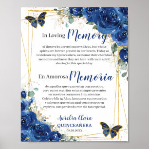Royal Blue Floral Quinceanera 16 In Loving Memory Poster