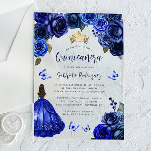 Royal Blue Floral Quinceañera Acrylic Invitations
