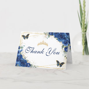 Royal Blue Floral Quinceañera Birthday Butterflies Thank You Card