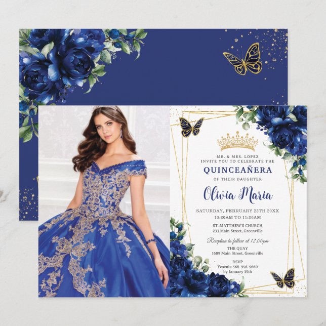 Royal Blue Floral Quinceañera Butterflies Picture Invitation (Front/Back)