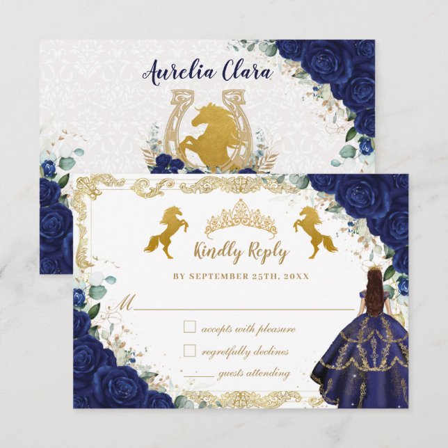 Royal Blue Floral Quinceañera Charro Gold Horses  RSVP Card (Front/Back)