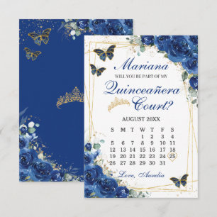 Royal Blue Floral Quinceanera Court Proposal Card