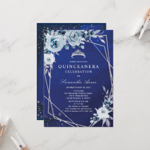 Royal Blue Floral Quinceañera Invitation