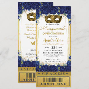 Royal Blue Floral Quinceañera Masquerade Ticket Invitation
