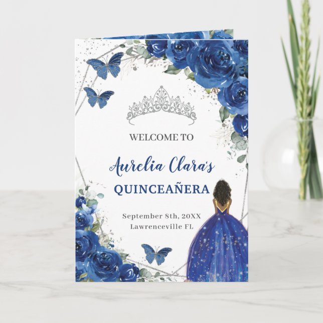 Royal Blue Floral Quinceañera Order of Events Programme (Front)