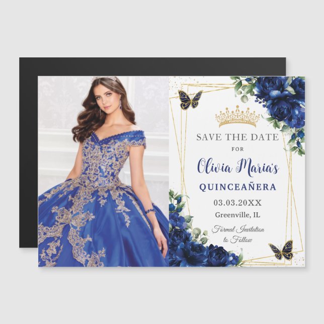 Royal Blue Floral Quinceañera Photo Save the Date Magnetic Invitation (Front/Back)