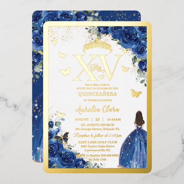 Royal Blue Floral Quinceañera Quince 15 XV Gold (Front/Back)
