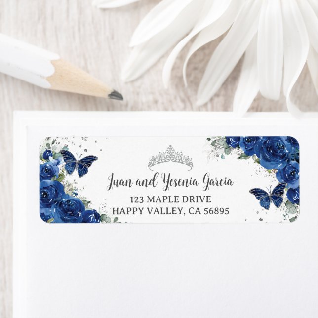 Royal Blue Floral Quinceanera Return Address (Insitu)