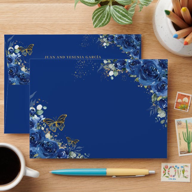 Royal Blue Floral Quinceañera Sweet 16 Butterfly Envelope (Desk)