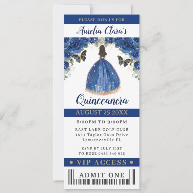 Royal Blue Floral Quinceañera Sweet 16 VIP Ticket Invitation (Front)