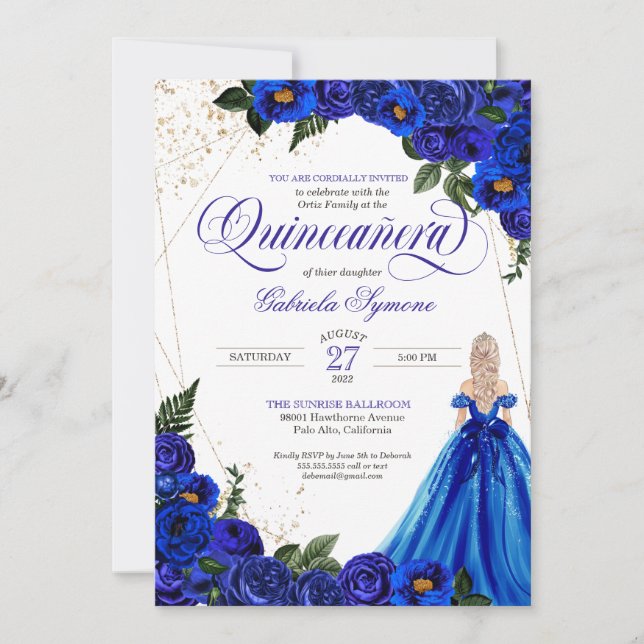 Royal Blue Floral Rose & Gold Elegant Quinceañera  Invitation (Front)