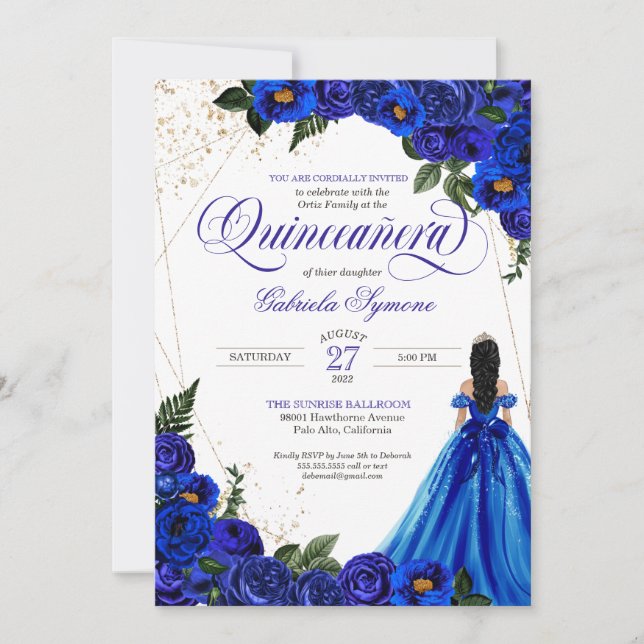Royal Blue Floral Rose & Gold Elegant Quinceañera  Invitation (Front)